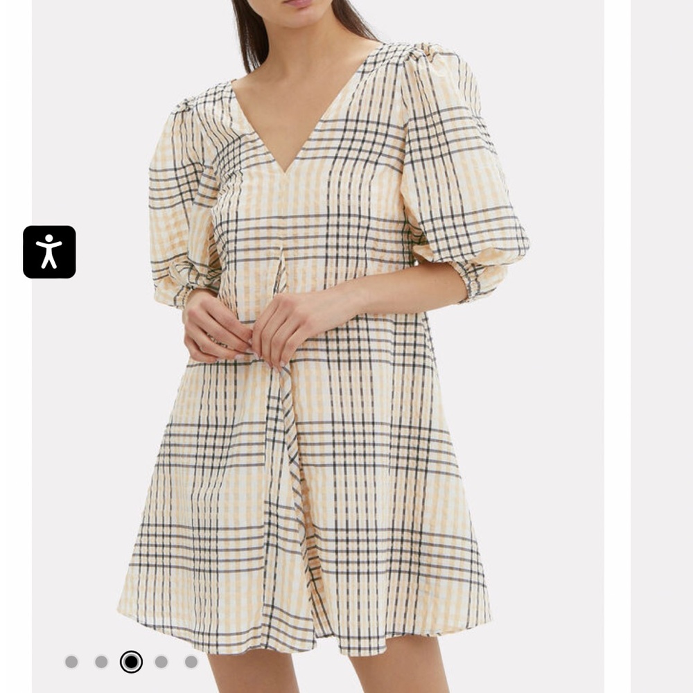 GANNI SEERSUCKER CHECK MINI DRESS IN IVORY SIZE EU 38. US 8 - Picture 4 of 12